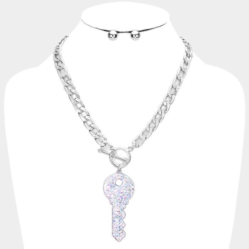 Silver Round key shiny AB stones pendant chunky link chain necklace
